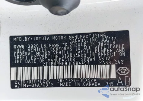 2017 Toyota Corolla Se z USA, uszkodzony, nr VIN 2T1BURHE9HC884491